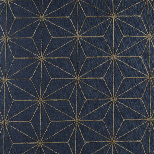 Navy blue fabric with a gold geometric star-pattern; versatile for upholstery, cushions, or drapery.