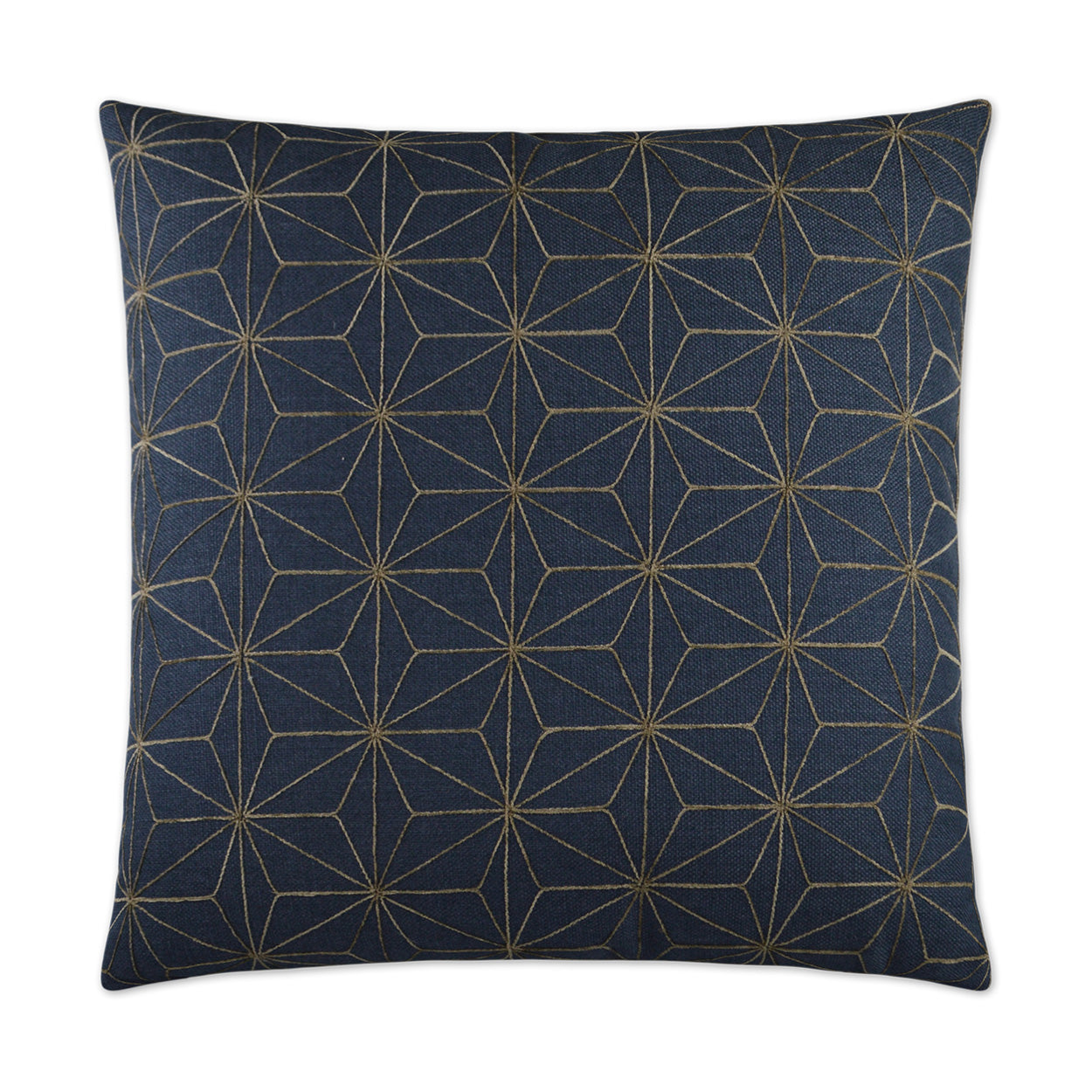 Navy square pillow with a gold geometric starburst lattice pattern.
