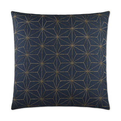 Navy square pillow with a gold geometric starburst lattice pattern.