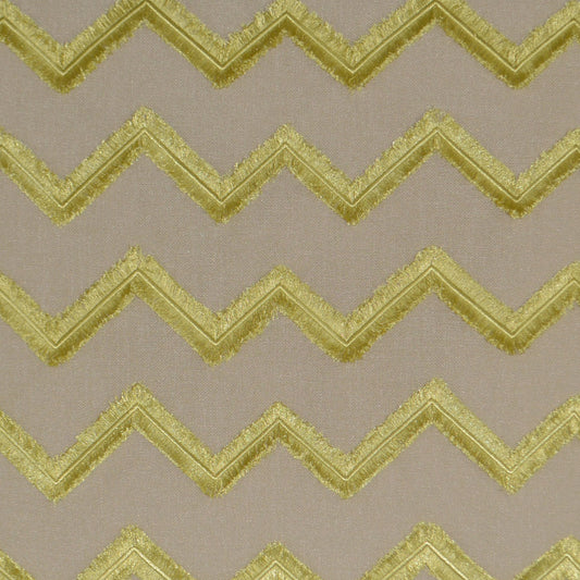 Beige fabric with gold metallic chevron zigzag pattern; decorative upholstery textile.