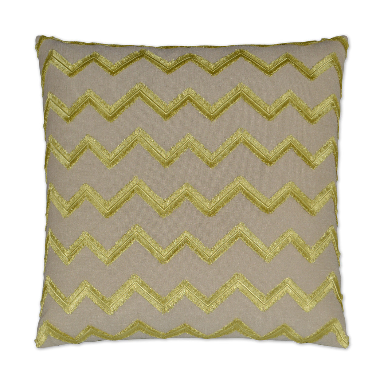 Square decorative pillow with citron chevron embroidery on textured fabric; modern glam throw cushion.