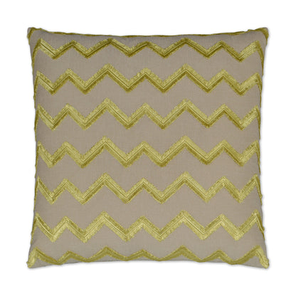 Square decorative pillow with citron chevron embroidery on textured fabric; modern glam throw cushion.