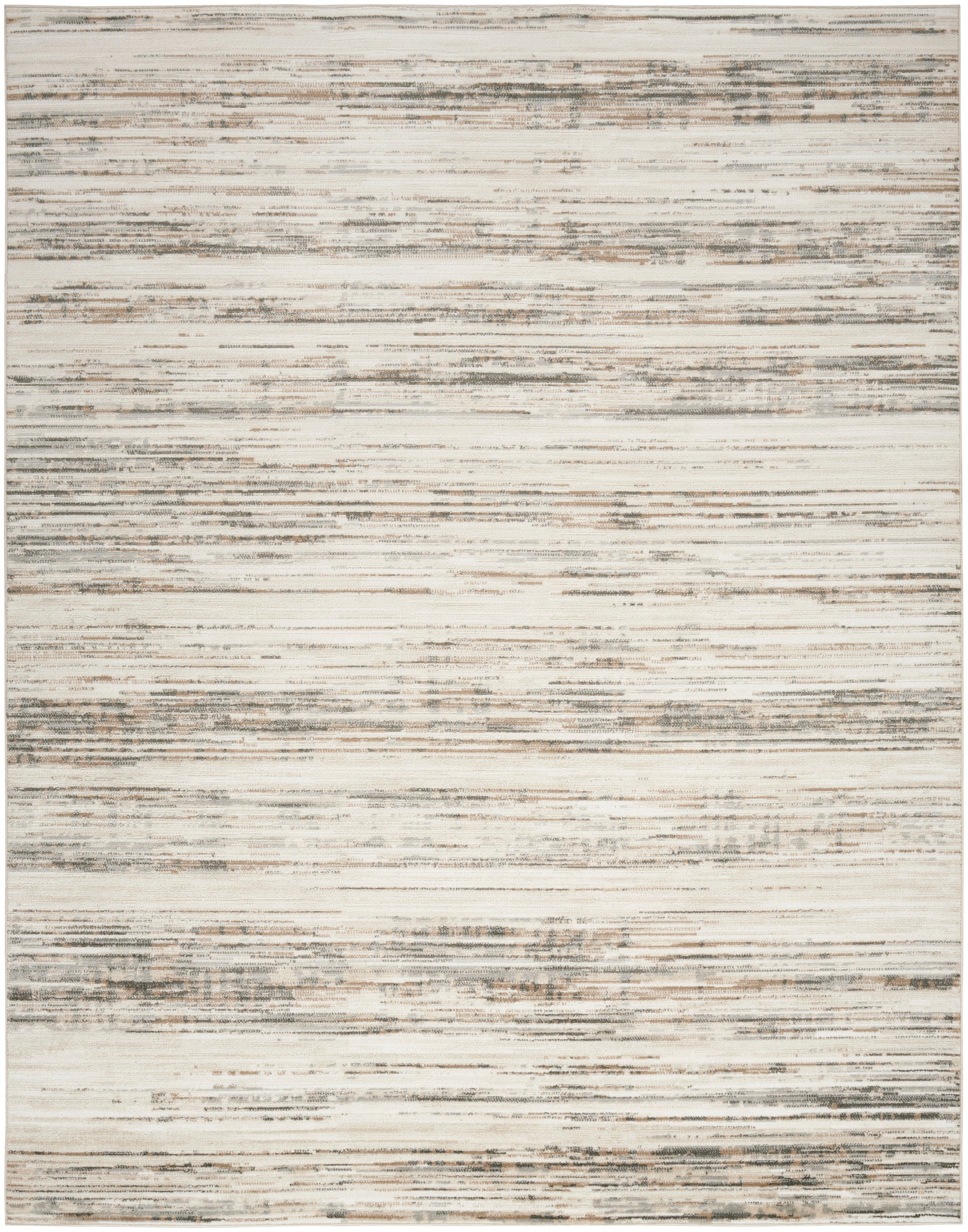 Cream and taupe abstract striped rug with distressed horizontal lines across a neutral beige field.