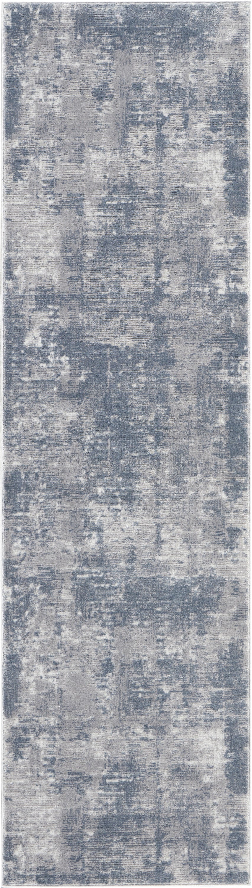 Blue-gray distressed abstract rug runner with muted patches for hallway or living space.