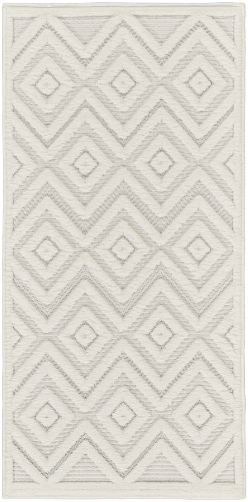 Cream rectangular rug with layered diamonds and chevron geometric pattern in light gray; woven texture.