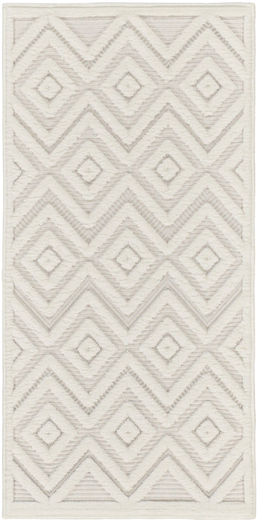 Cream rectangular rug with layered diamonds and chevron geometric pattern in light gray; woven texture.