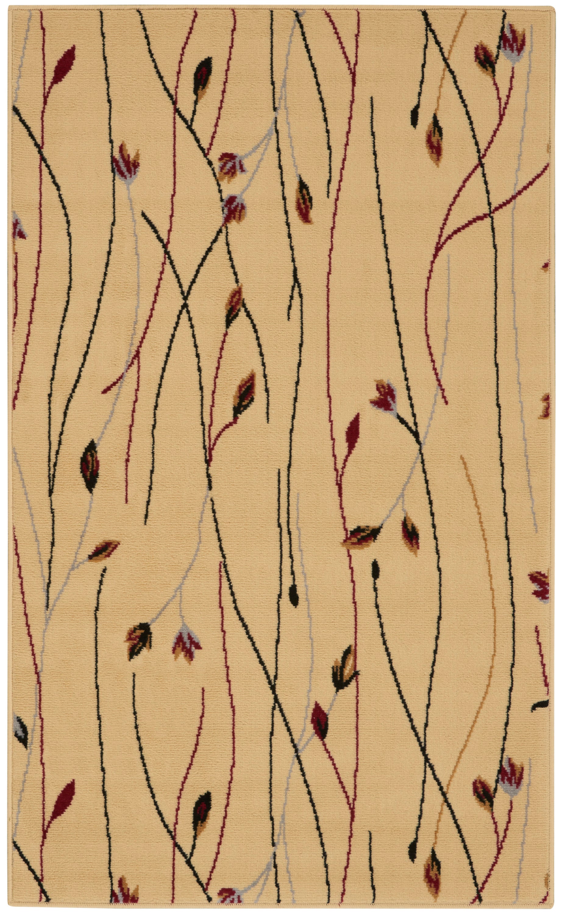Beige area rug with slender black, red and pale blue wavy lines and burgundy leaf accents.
