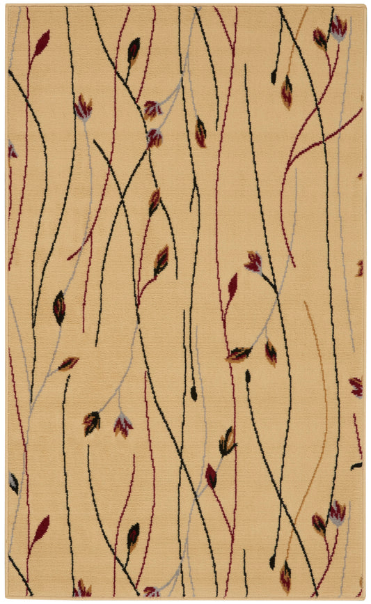 Beige area rug with slender black, red and pale blue wavy lines and burgundy leaf accents.