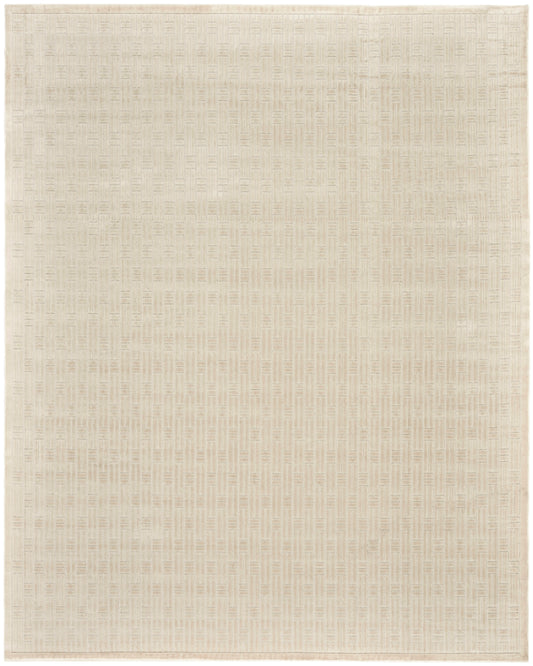 Neutral cream flatweave rug with a subtle woven grid texture, versatile for living room or bedroom.