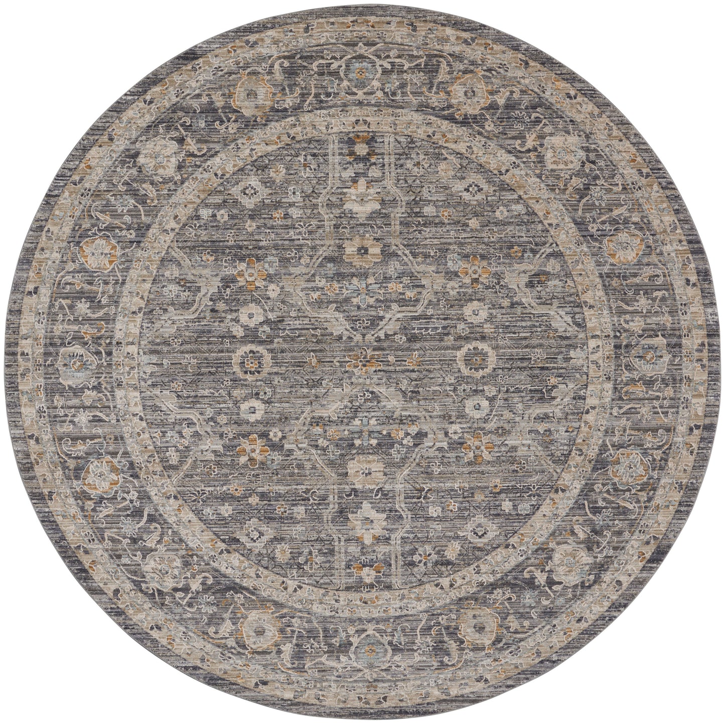 Round gray Persian-style rug with an ornate central medallion and scrolling floral border in beige and blue.