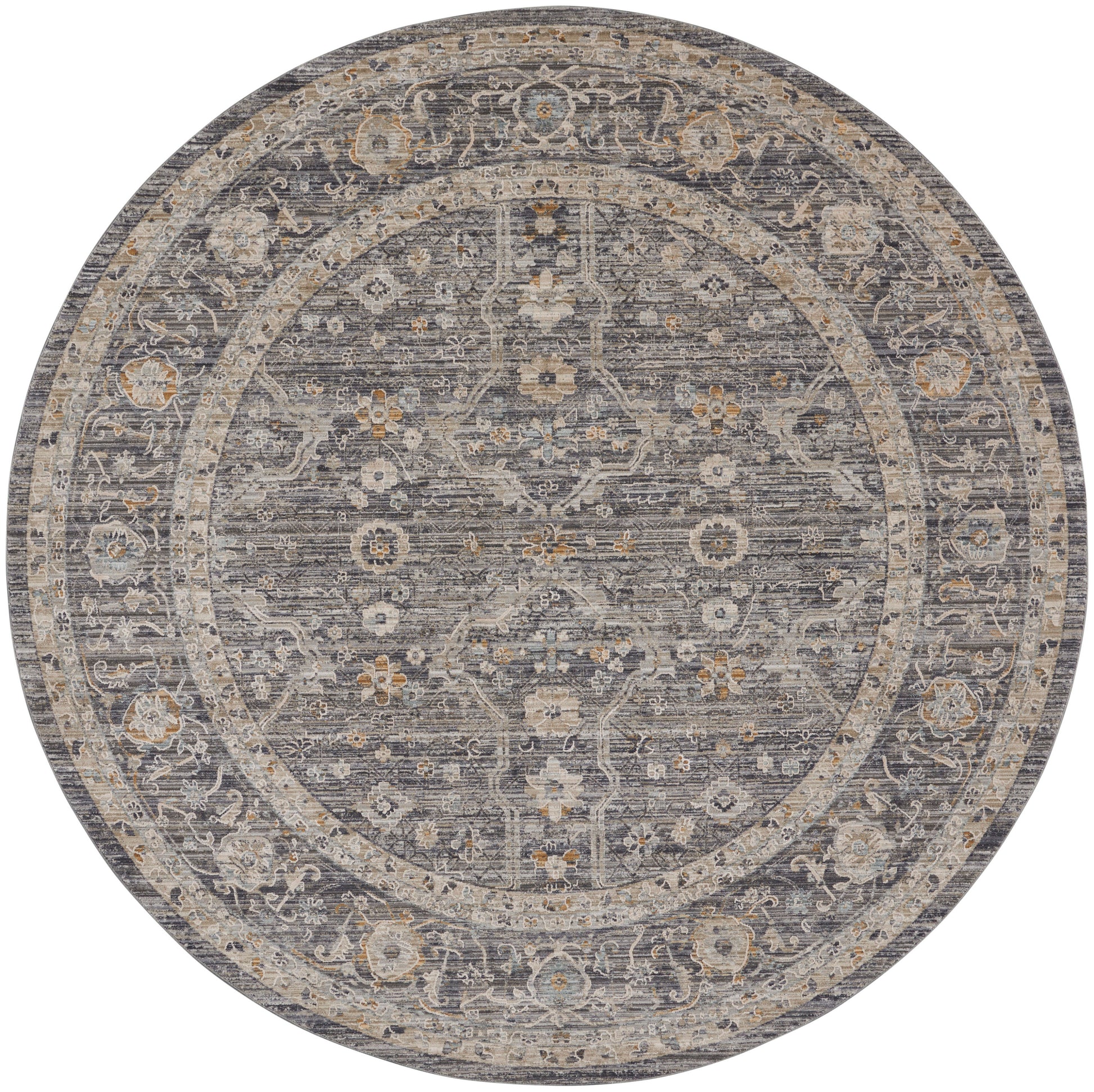 Round gray Persian-style rug with an ornate central medallion and scrolling floral border in beige and blue.