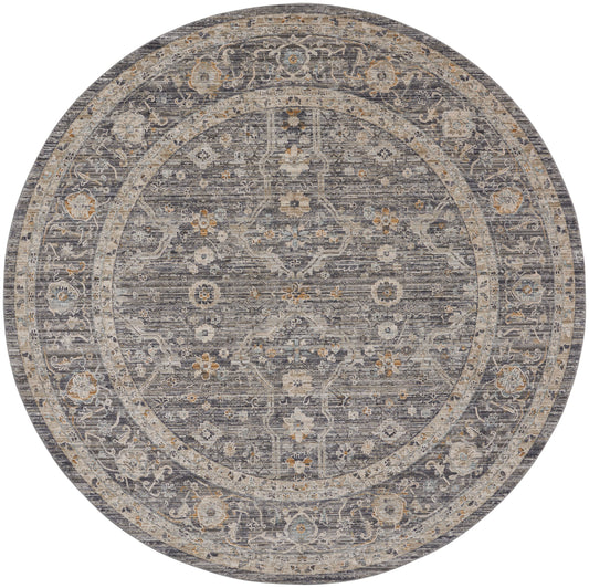 Round gray Persian-style rug with an ornate central medallion and scrolling floral border in beige and blue.