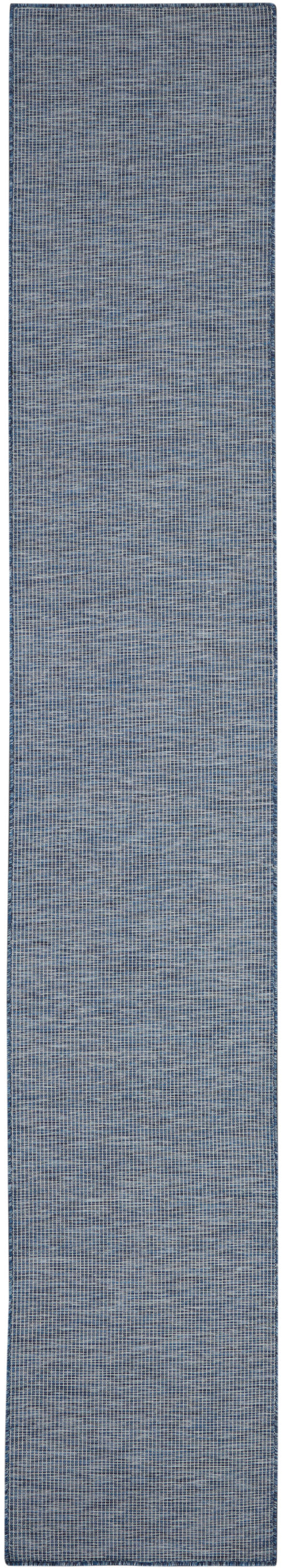 Blue woven rug runner with denim-like texture, subtle grid pattern and stitched edges.