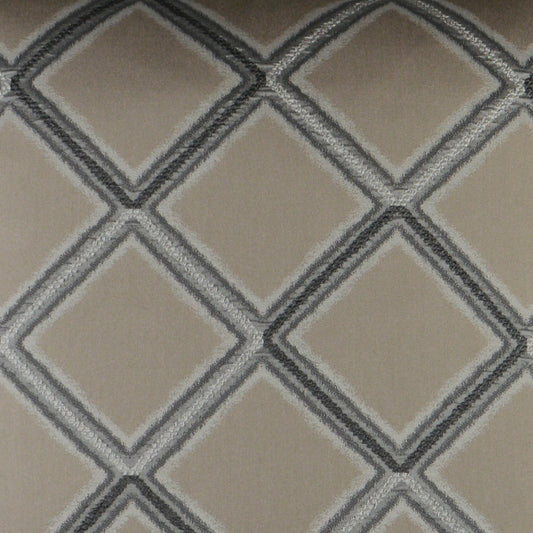 Beige fabric with grey diamond lattice pattern; soft upholstery material for curtains or furniture.