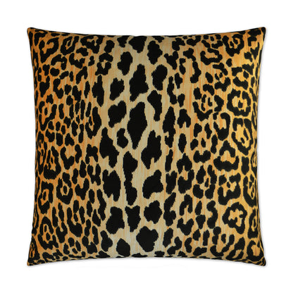 Leopard print throw pillow with tan & black spots, square decorative cushion.