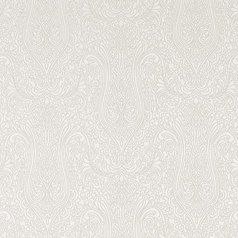 Cream-beige damask upholstery fabric with a subtle raised scroll pattern.