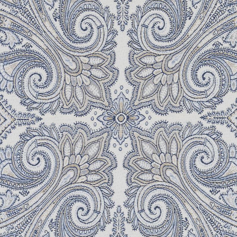 Blue-gray paisley damask fabric with ornate scrolling motifs; upholstery fabric suitable for furniture, drapes or bedding.