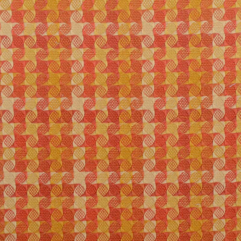 Warm orange, yellow and beige tessellated pattern with curved interlocking shapes; retro upholstery fabric.