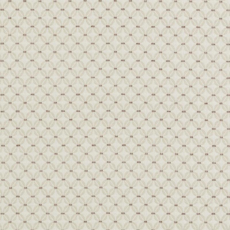 Beige upholstery fabric with a repeating taupe lattice of small circular floral motifs.