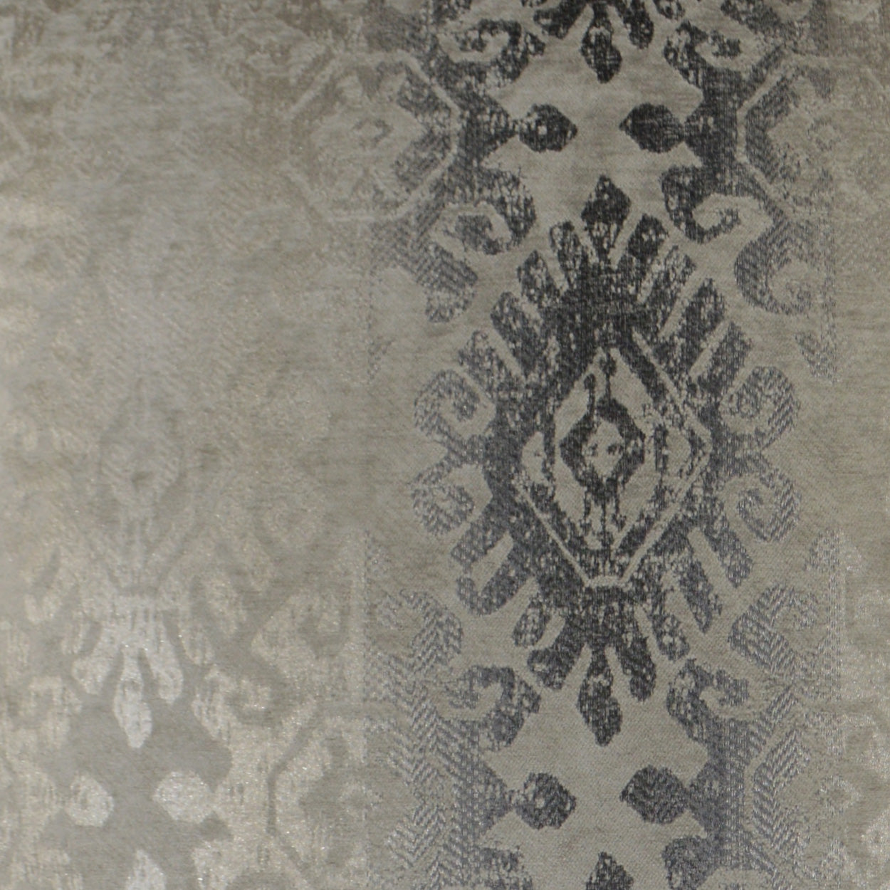 Beige & gray damask fabric with ornate jacquard pattern, elegant upholstery or drapery textile.