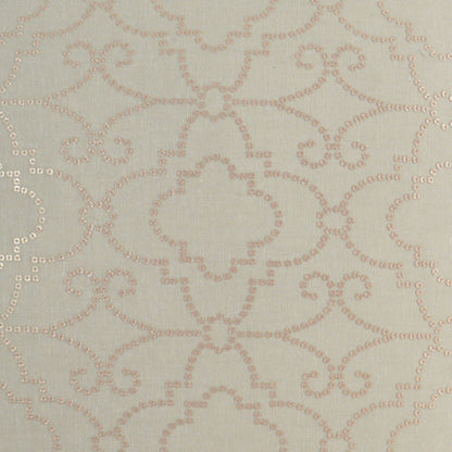 Cream pillow with a pale pink dotted beaded damask scroll pattern, 24" x 24".