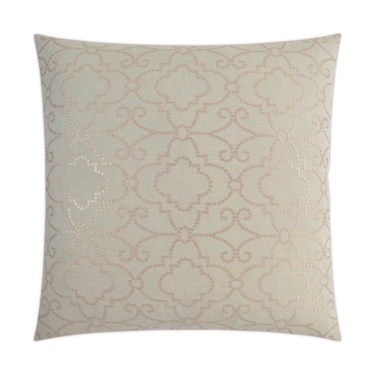 Beige square throw pillow with metallic rose-gold quatrefoil pattern; embroidered scroll motif for sofa & bed decor.