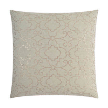 Beige square throw pillow with metallic rose-gold quatrefoil pattern; embroidered scroll motif for sofa & bed decor.