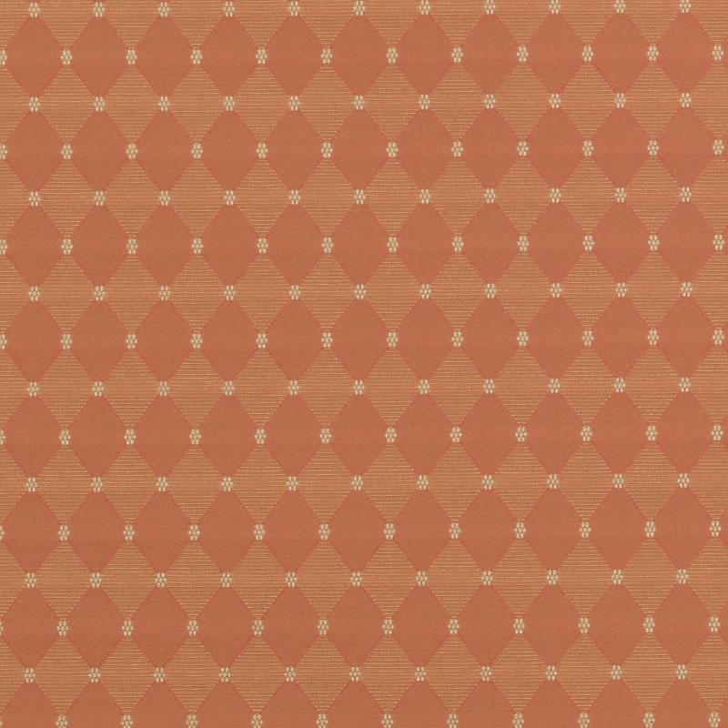 Orange fabric with a repeating beige diamond lattice and tiny white dot accents; vintage geometric textile.
