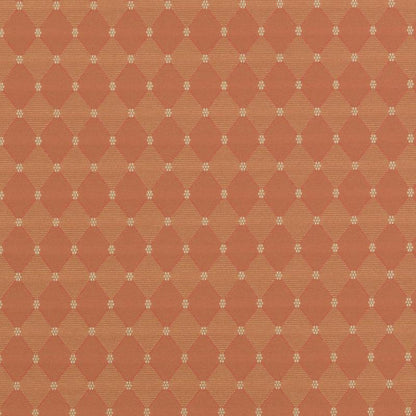 Orange fabric with a repeating beige diamond lattice and tiny white dot accents; vintage geometric textile.