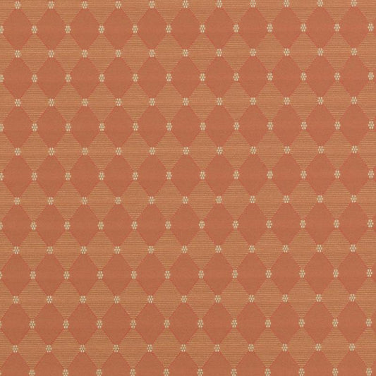 Orange fabric with a repeating beige diamond lattice and tiny white dot accents; vintage geometric textile.