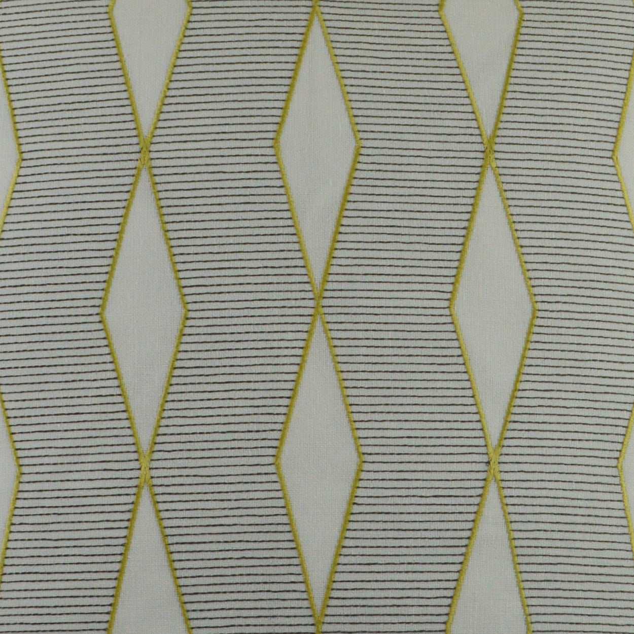 Cream fabric with yellow diamond lattice outlines and fine dark horizontal stripes for a geometric pattern.