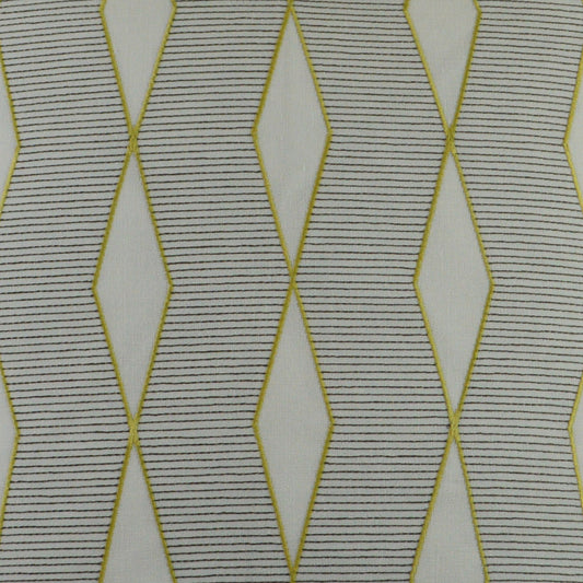 Cream fabric with yellow diamond lattice outlines and fine dark horizontal stripes for a geometric pattern.