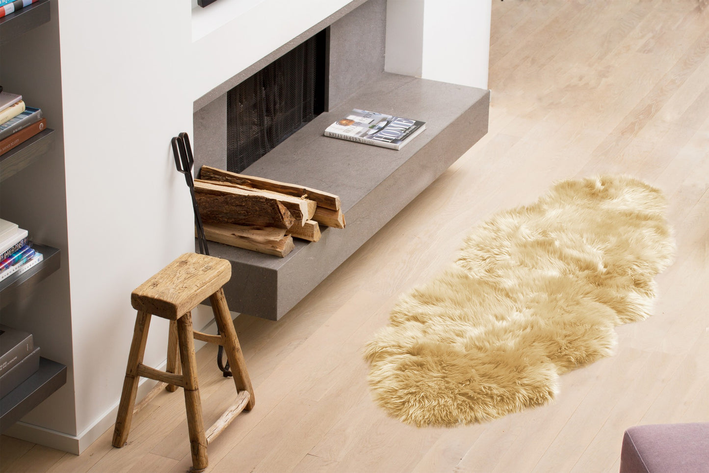 6' Runner Gold and White Wool Shag Sheepskin Area Rug