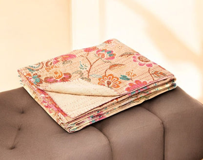 50" X 70" Maroon Yellow and Green Kantha Cotton Floral Throw Blanket with Embroidery