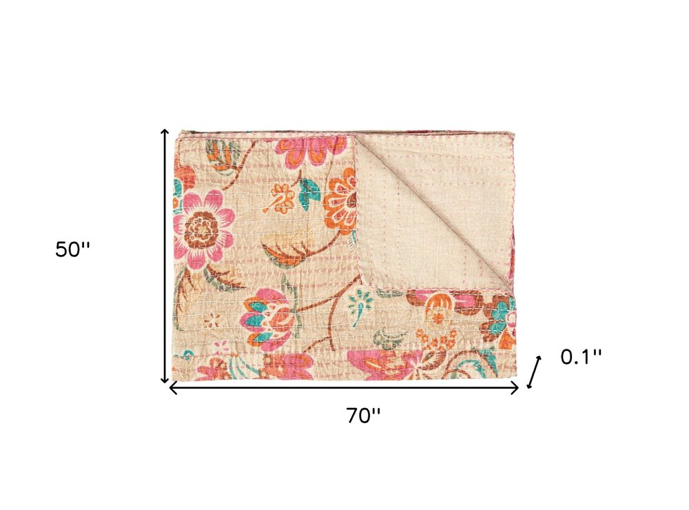 50" X 70" Green and Red Kantha Cotton Damask Throw Blanket with Embroidery