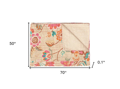 50" X 70" Green and Red Kantha Cotton Damask Throw Blanket with Embroidery