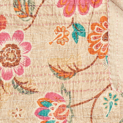 50" X 70" Green and Red Kantha Cotton Damask Throw Blanket with Embroidery