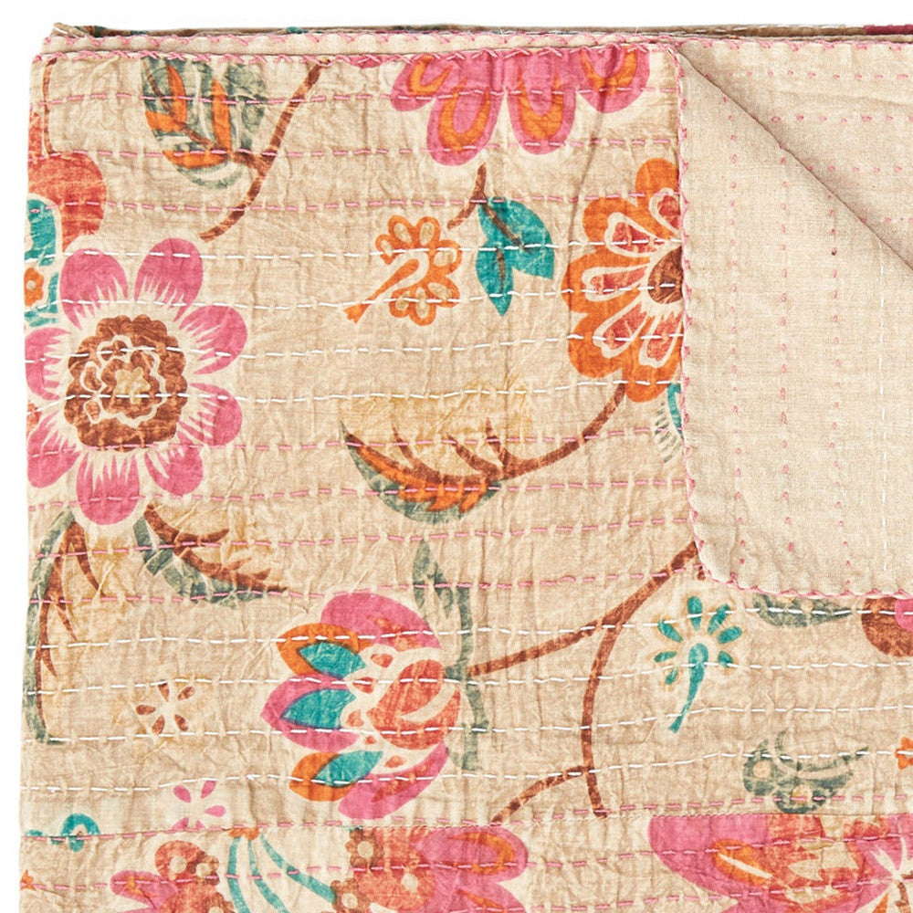 50" X 70" Beige Pink Orange and Green Kantha Cotton Floral Throw Blanket with Embroidery