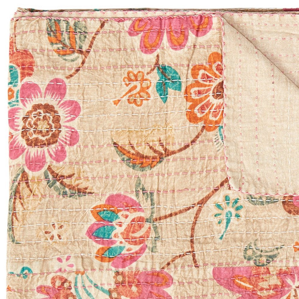 50" X 70" Green and Red Kantha Cotton Damask Throw Blanket with Embroidery