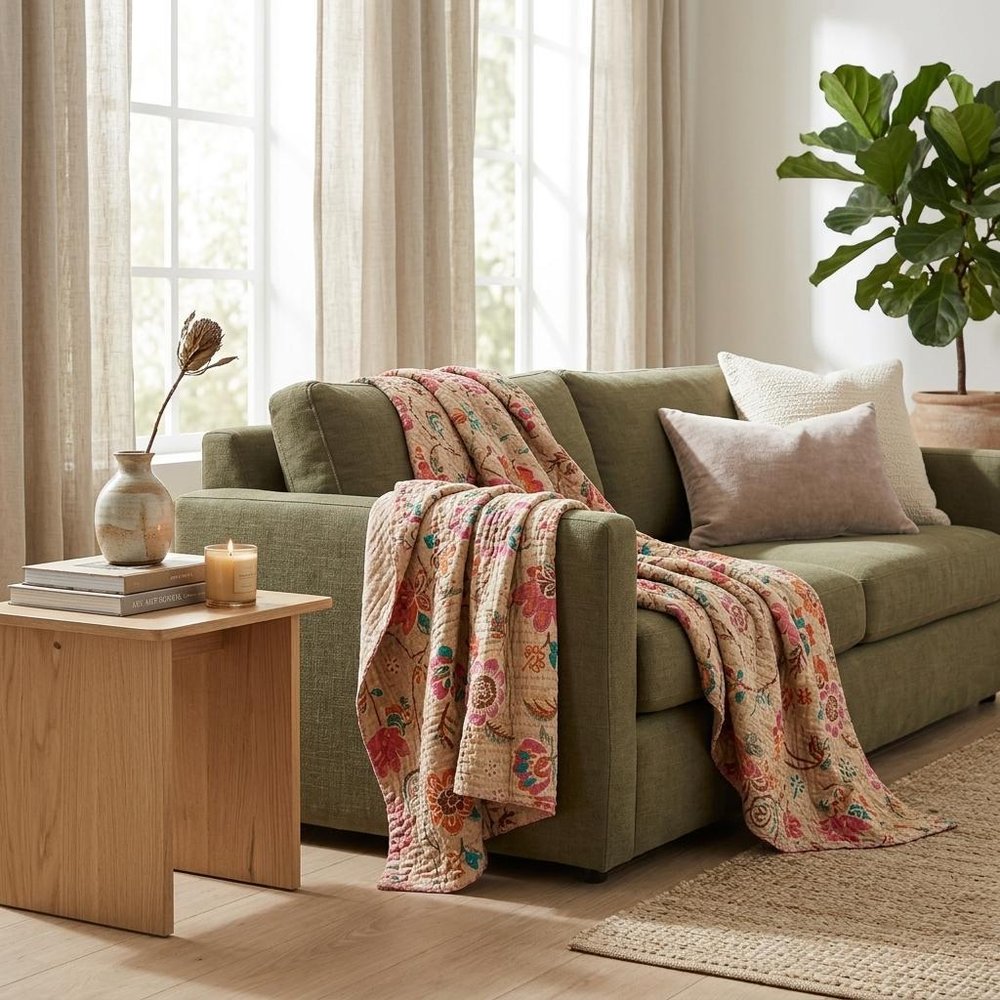 50" X 70" Green and Red Kantha Cotton Damask Throw Blanket with Embroidery