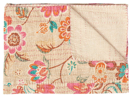 50" X 70" Green and Red Kantha Cotton Damask Throw Blanket with Embroidery