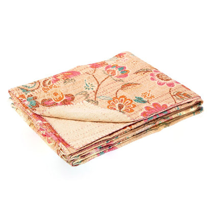 50" X 70" Green and Red Kantha Cotton Damask Throw Blanket with Embroidery