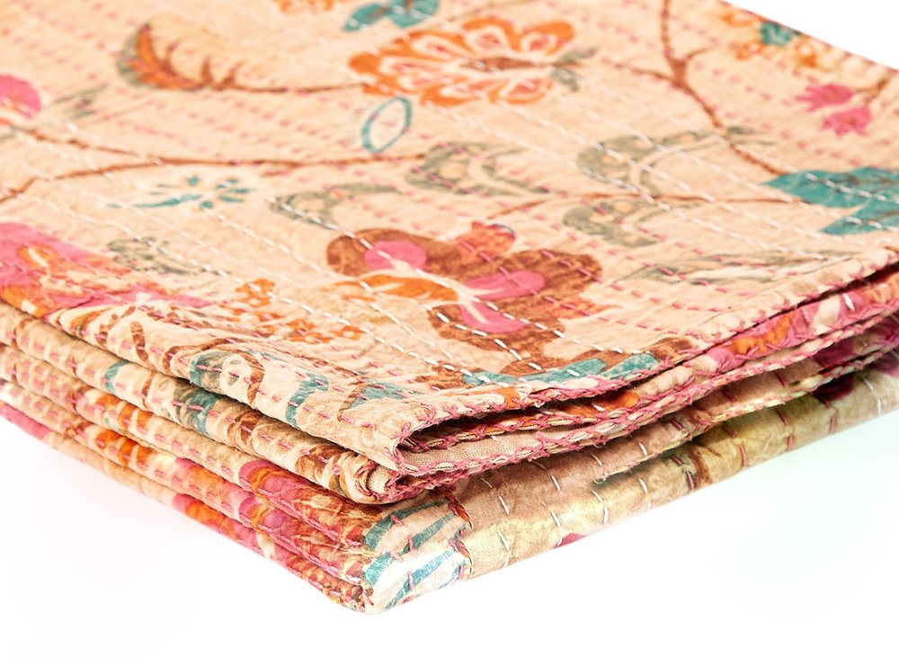 50" X 70" Green and Red Kantha Cotton Damask Throw Blanket with Embroidery