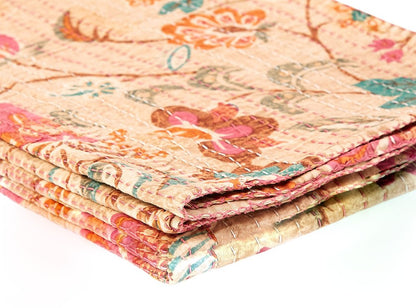 50" X 70" Green and Red Kantha Cotton Damask Throw Blanket with Embroidery