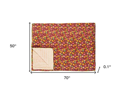 50" X 70" Beige Pink Orange and Green Cotton Kantha Floral Throw Throw Blanket with Embroidery