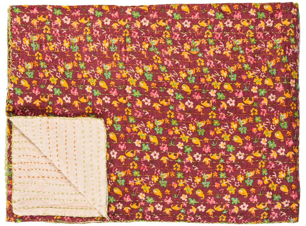 50" X 70" Beige Pink Orange and Green Cotton Kantha Floral Throw Throw Blanket with Embroidery