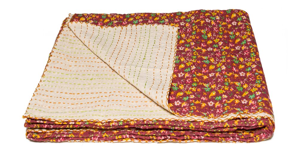 50" X 70" Beige Pink Orange and Green Cotton Kantha Floral Throw Throw Blanket with Embroidery