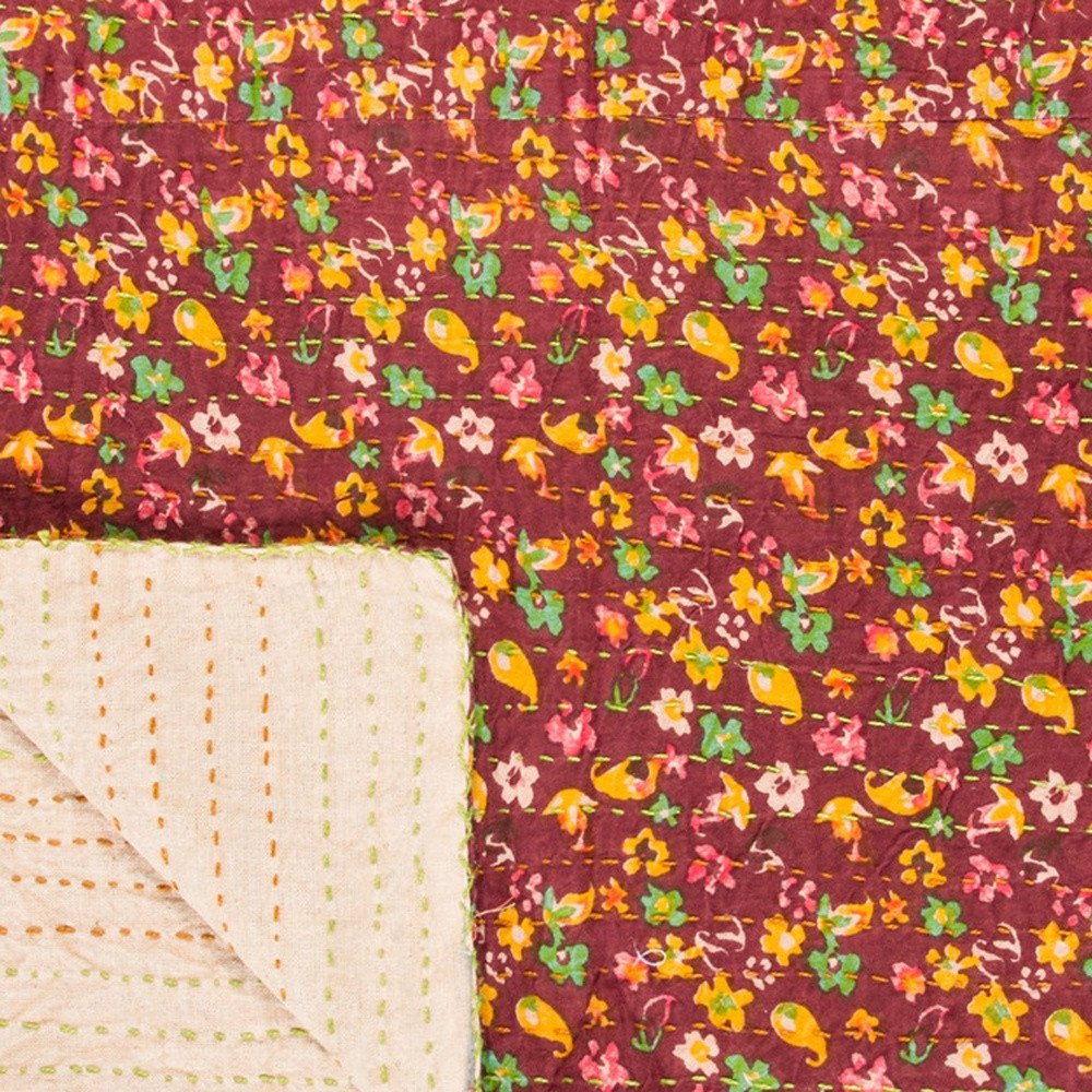 50" X 70" Beige Pink Orange and Green Cotton Kantha Floral Throw Throw Blanket with Embroidery