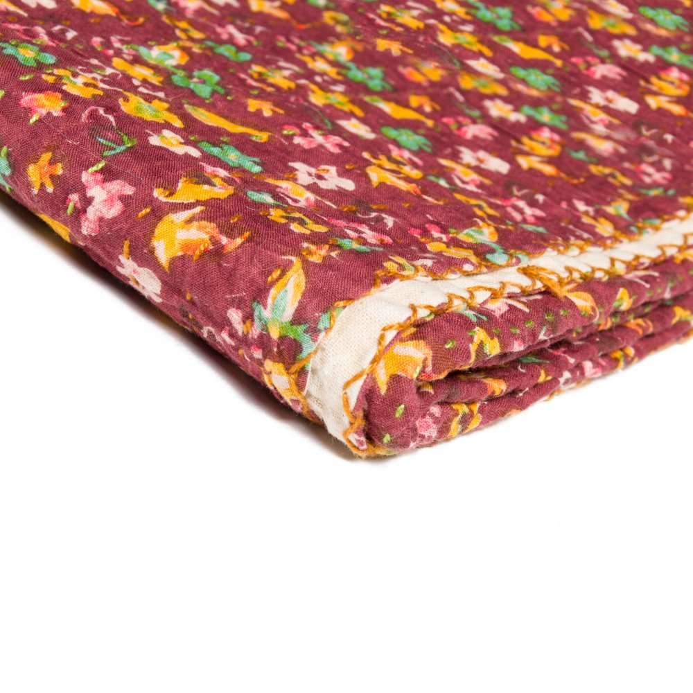50" X 70" Green and Red Kantha Cotton Damask Throw Blanket with Embroidery
