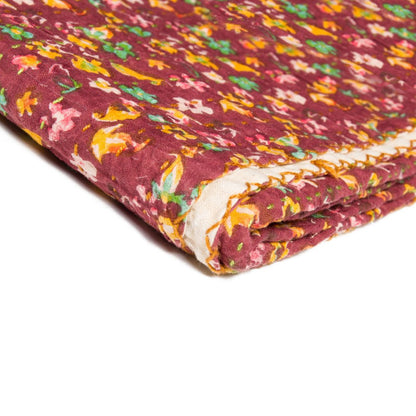 50" X 70" Beige Pink Orange and Green Cotton Kantha Floral Throw Throw Blanket with Embroidery